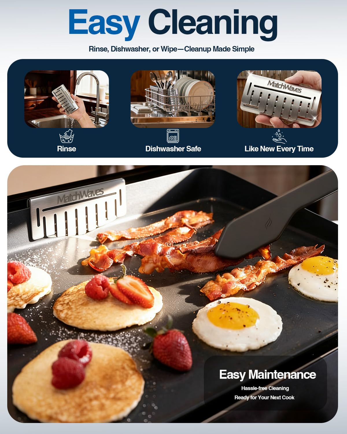 Matchwaves Grease Gate blocker in use on a Blackstone griddle with shrimp nearby