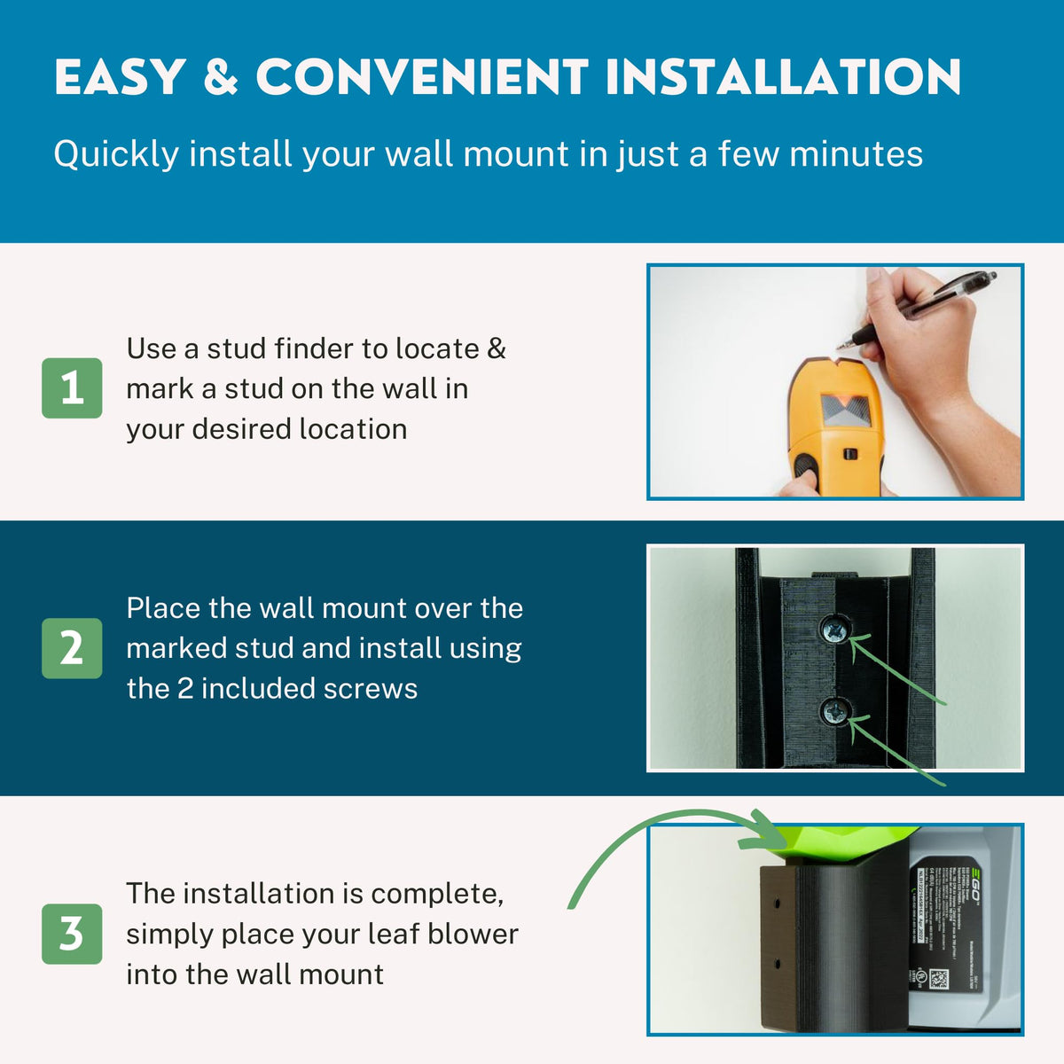 Matterform mounted EGO blower on wall demonstrates space-saving organization.