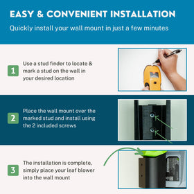 Matterform mounted EGO blower on wall demonstrates space-saving organization.