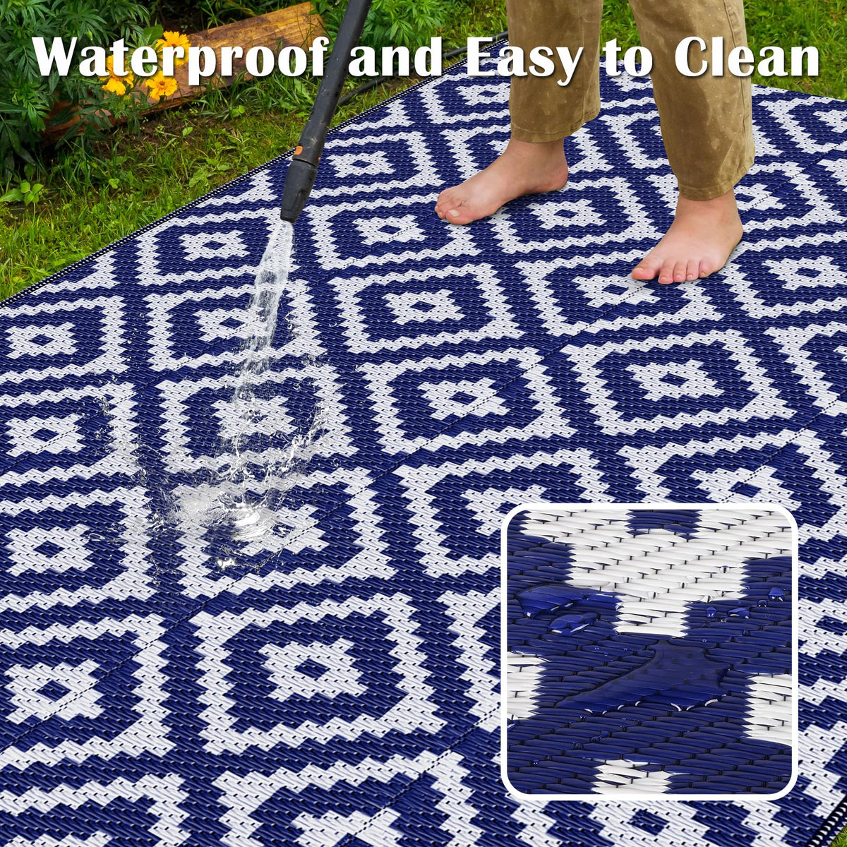 Mattitude blue outdoor rug used in beach and RV setups