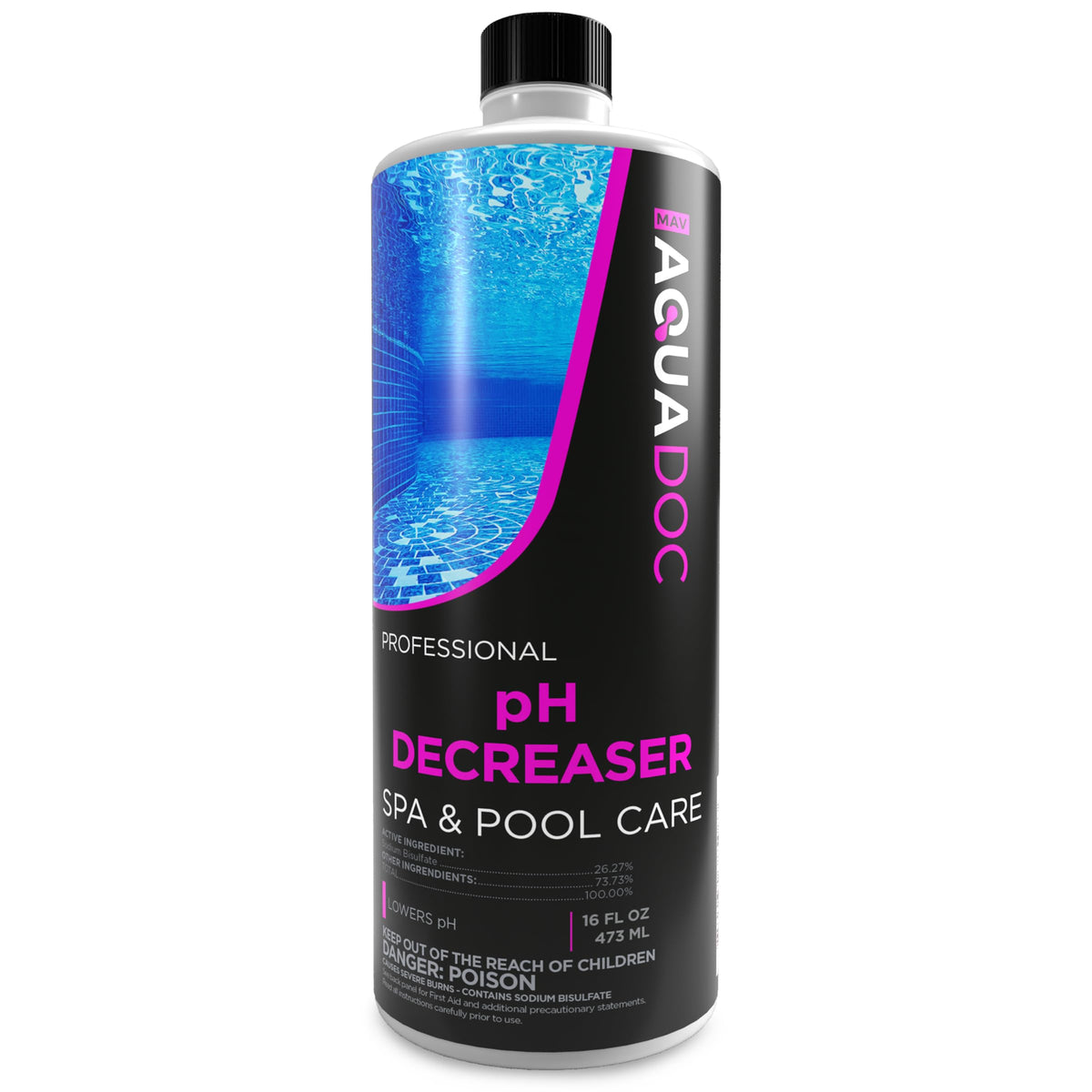 MAV AquaDoc pH Decreaser bottle label showing usage instructions for balanced spa water.