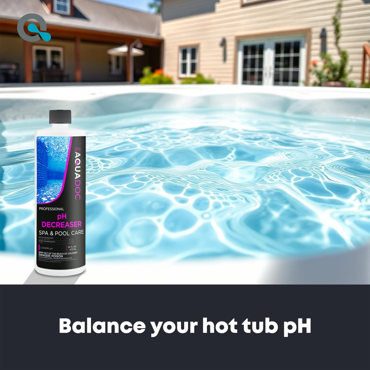 MAV AquaDoc pH Decreaser being poured into a hot tub for pH adjustment.