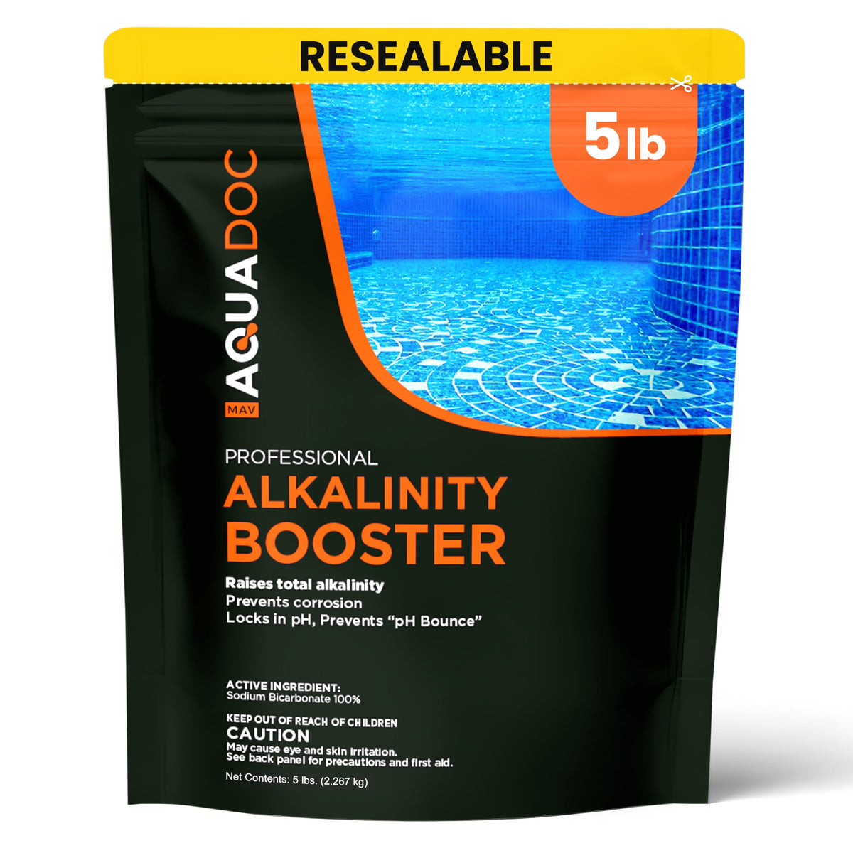 MAV AquaDoc pool alkalinity increaser bottle ready for easy dosing and balanced water.