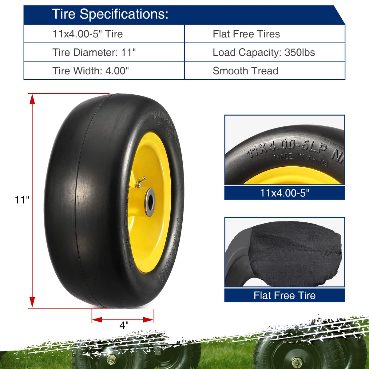 MaxAuto hub adapter kit for 11x4-5 tire shows adjustable fit for multiple mower models