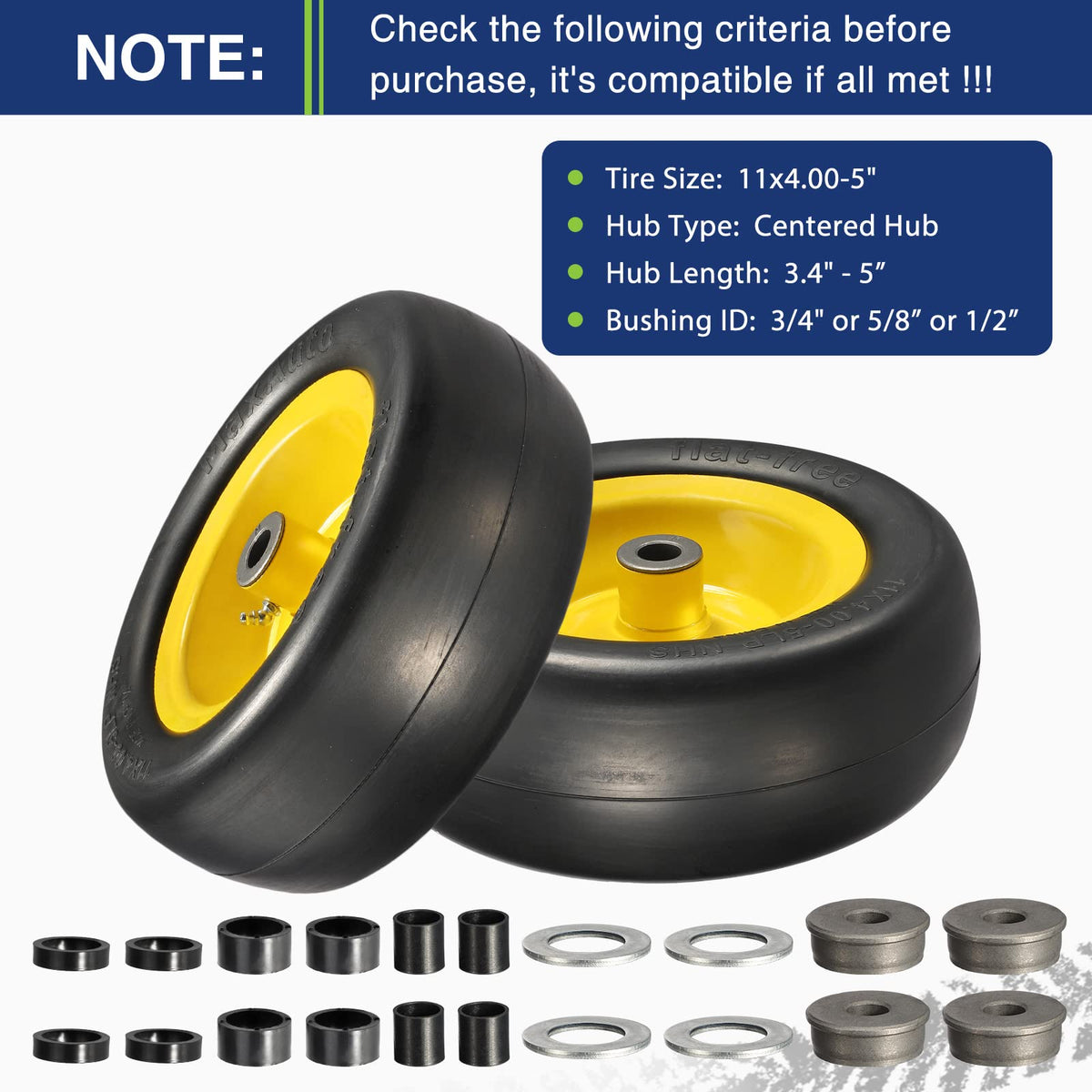 MaxAuto tire on wheel close-up highlights smooth tread and front mower use