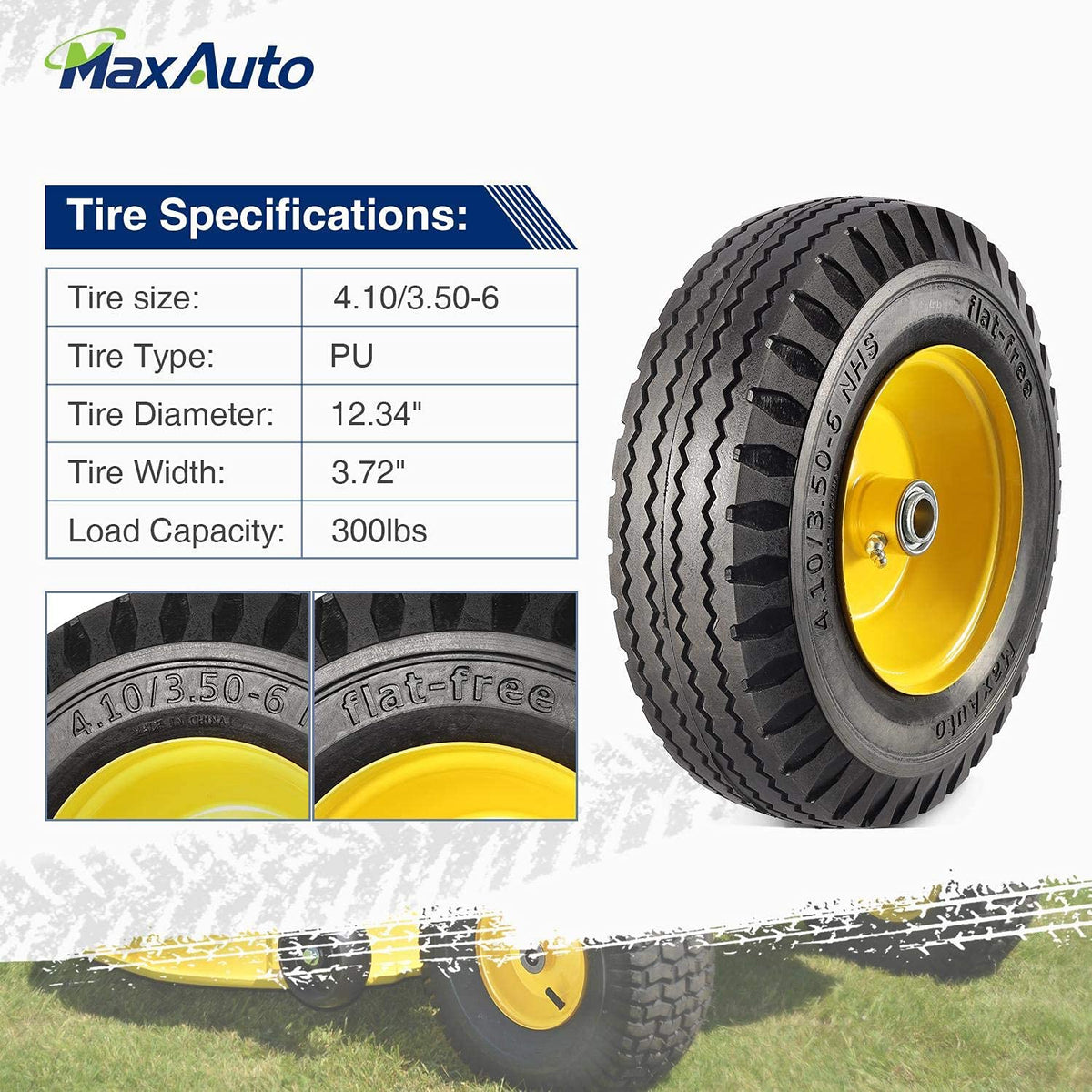 MaxAuto flat-free tire with adapter kit contents enabling quick replacement.