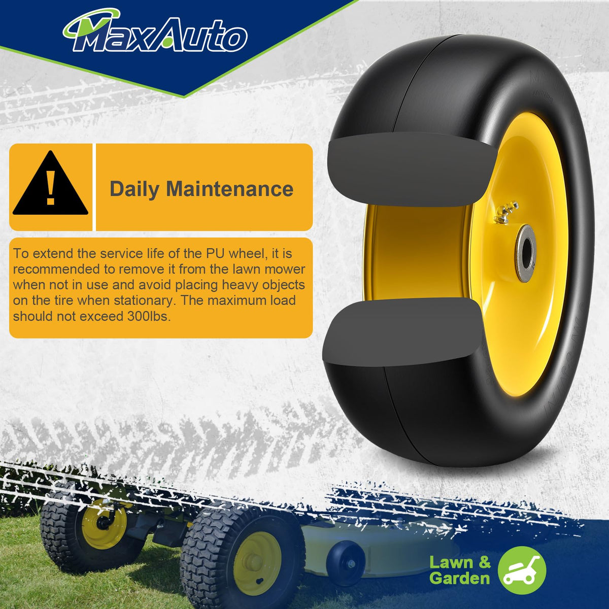 MaxAuto lawn mower application zero-turn view demonstrating front-mount fit