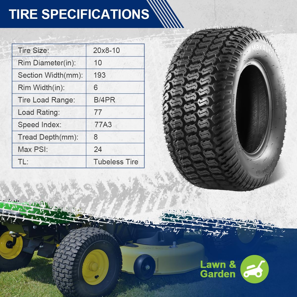MaxAuto Turf Saver Tire lug pattern indicates puncture resistance on turf.