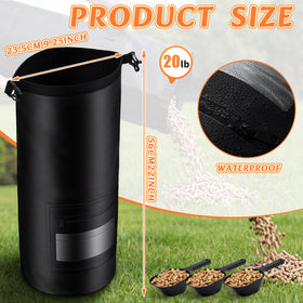 Maxdot pellet storage bag showing 20 lb capacity for easy transport.