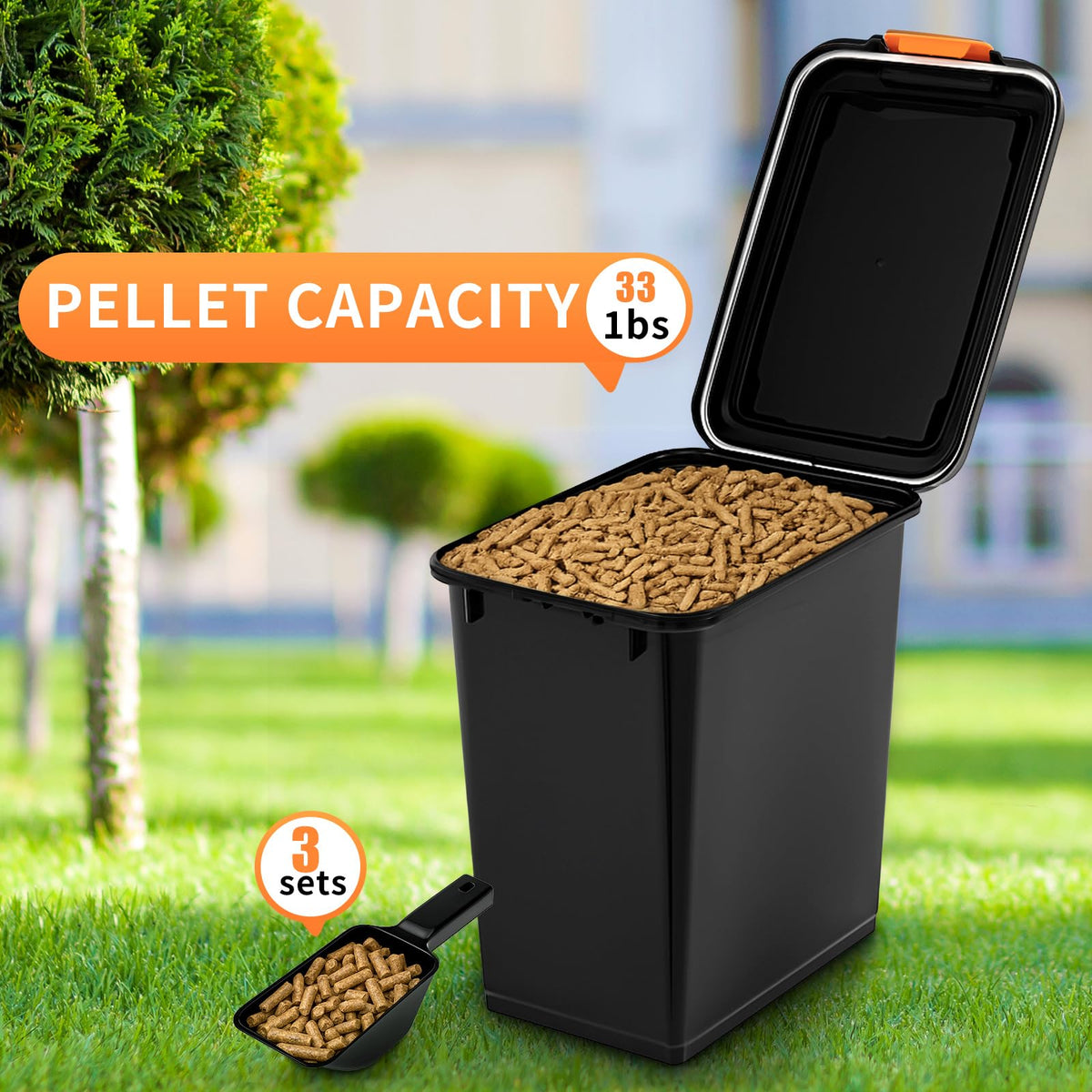 Maxdot lid-open bin shows easy pellet retrieval during busy cookouts.