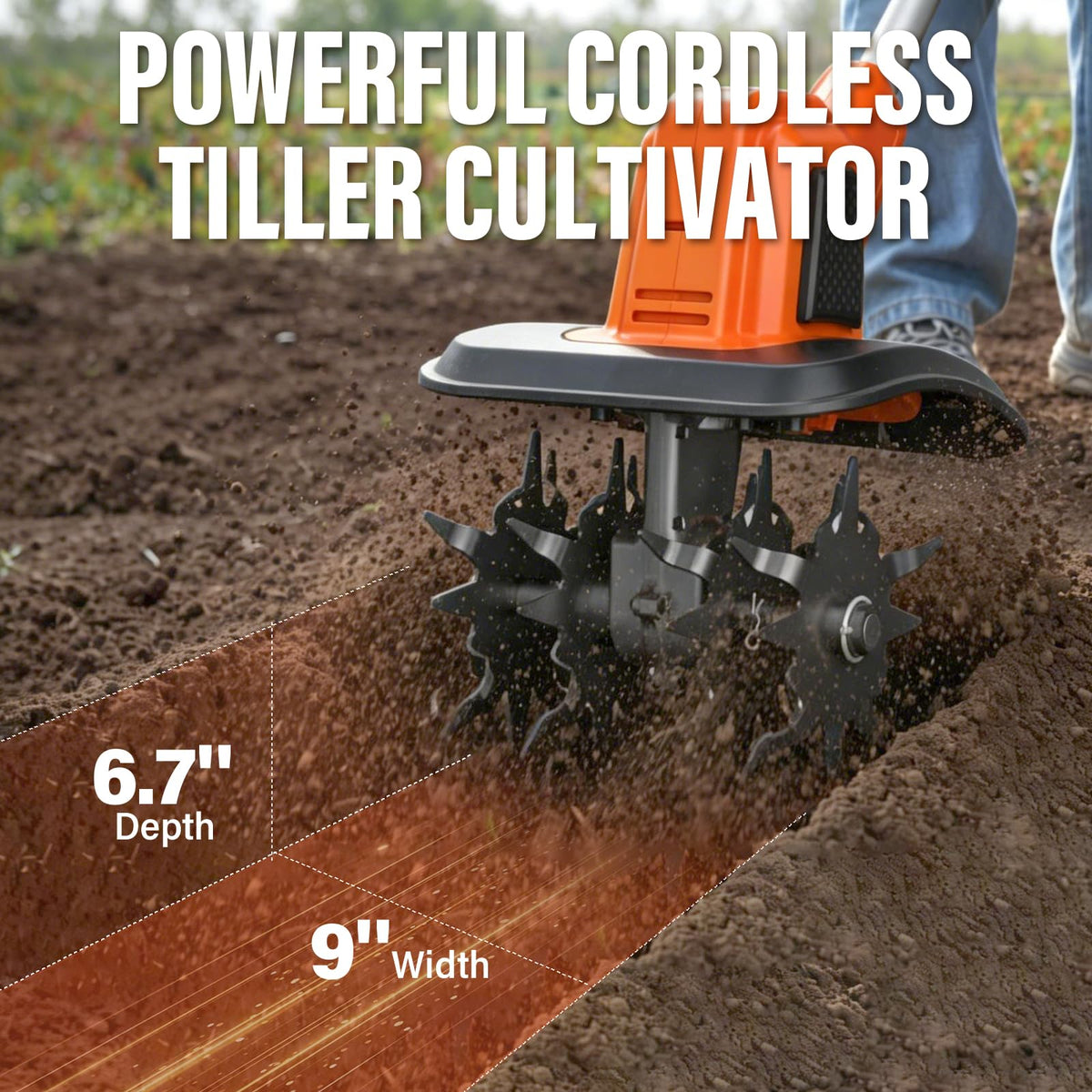 MAXLANDER rototiller at 360 RPM with steel blades breaking soil