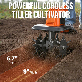 MAXLANDER rototiller at 360 RPM with steel blades breaking soil