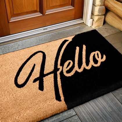 MaxMat Hello door mat in coco coir greets guests while brushing dirt from shoes