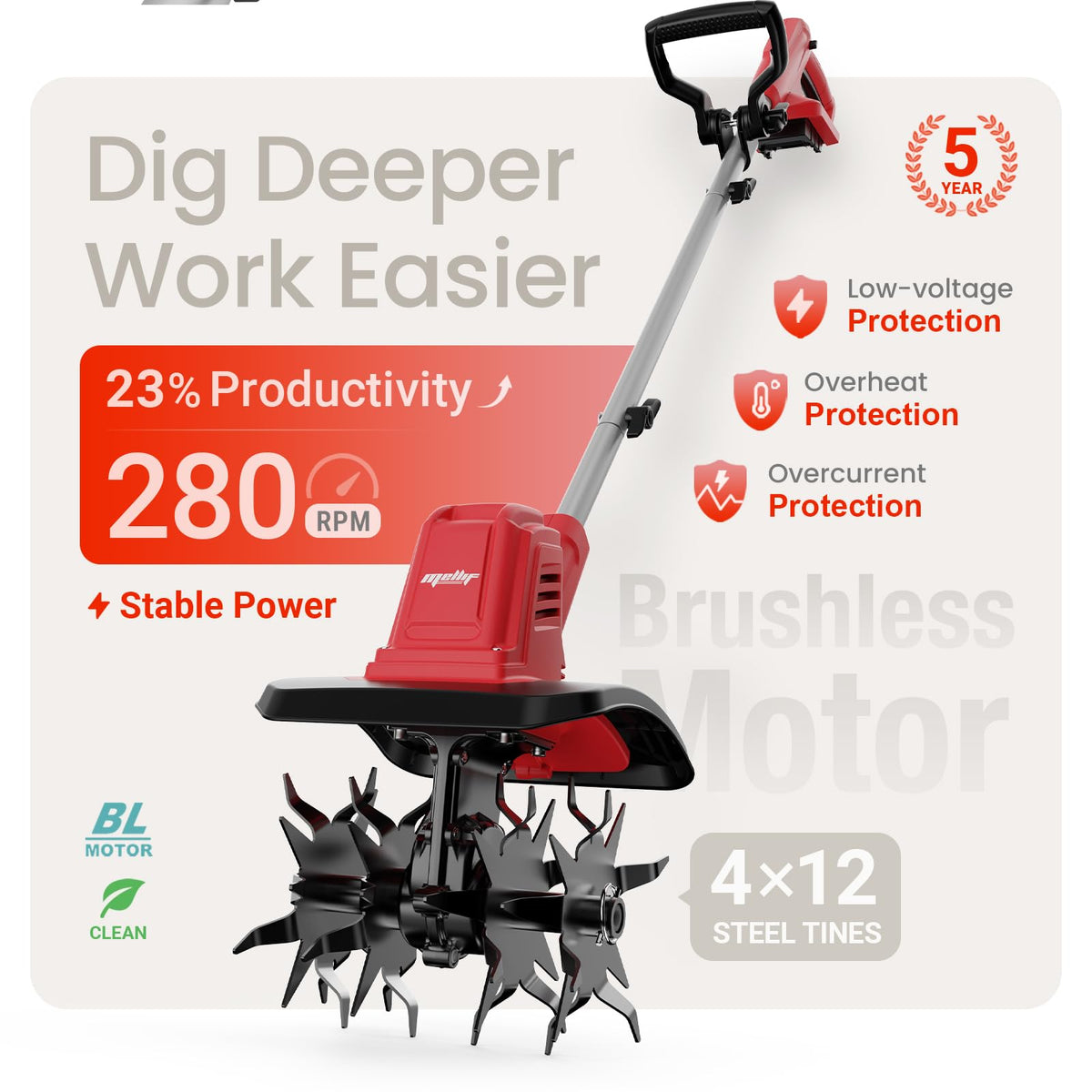 MaxMore 10-inch tilling width covers more ground for beds and rows.