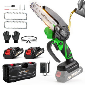 maXpeedingrods mini chainsaw front view highlights compact power for quick yard trimming.