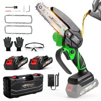 maXpeedingrods mini chainsaw front view highlights compact power for quick yard trimming.