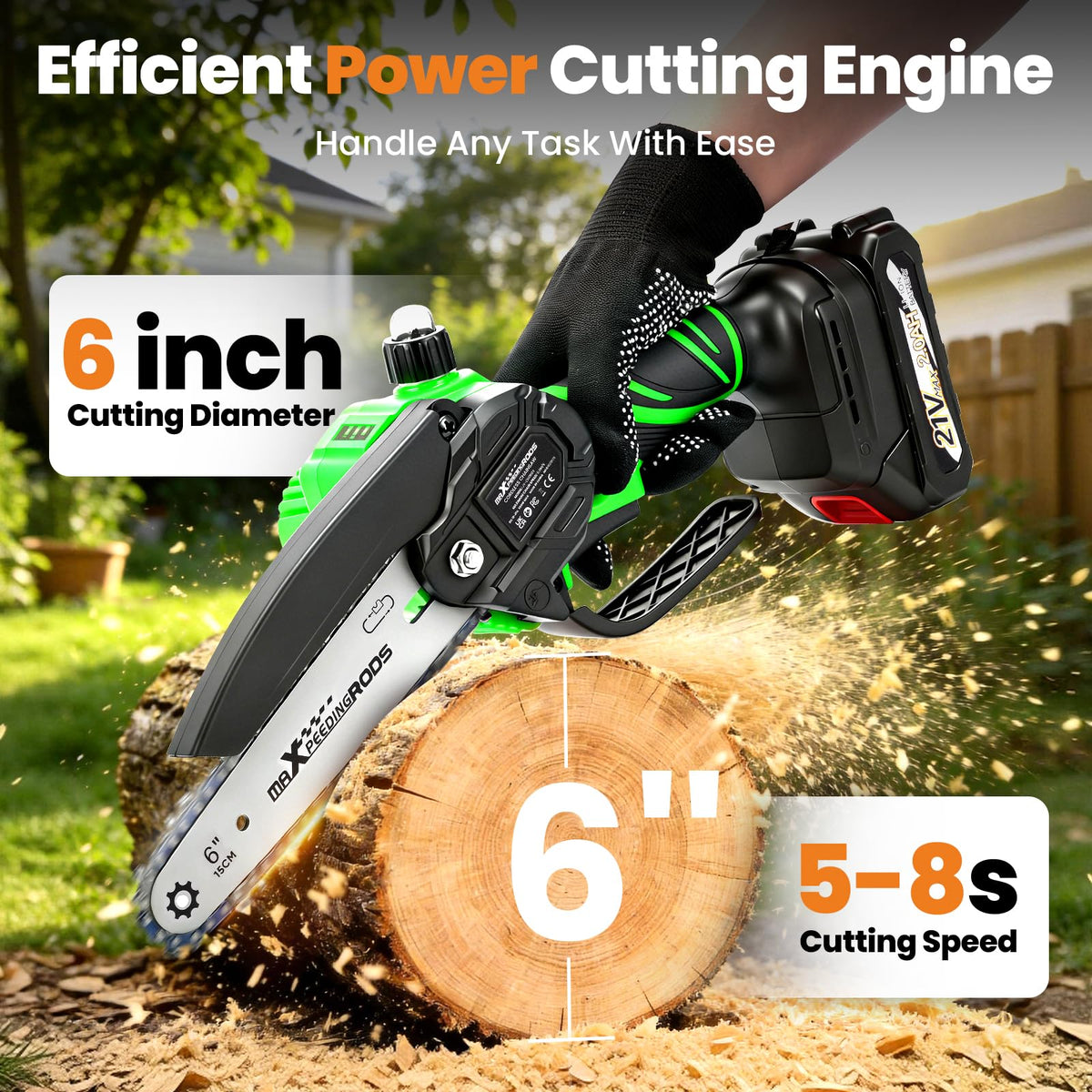maXpeedingrods mini chainsaw with dual batteries enables continuous outdoor cutting.