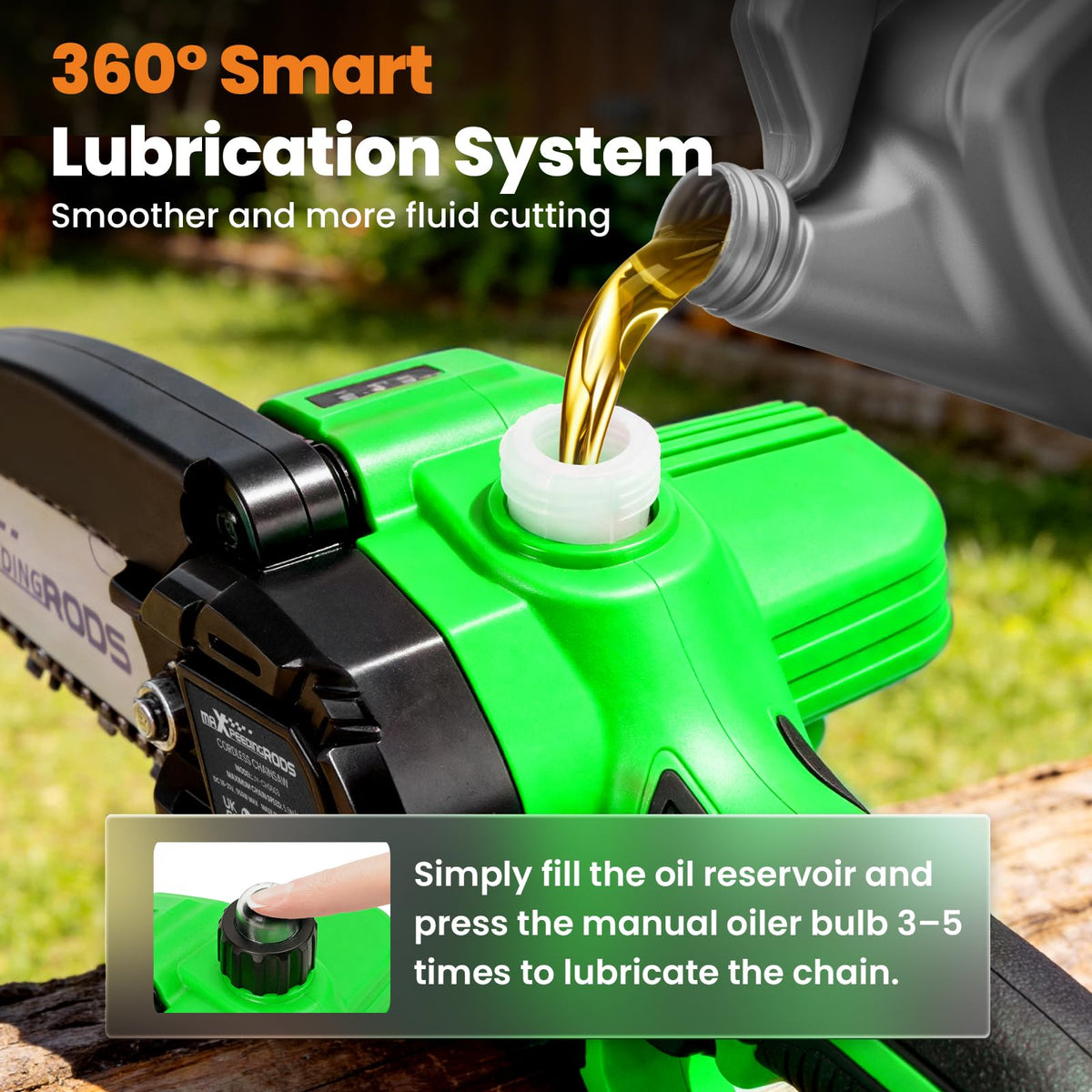 maXpeedingrods mini chainsaw safety features protect hands and eyes during use.