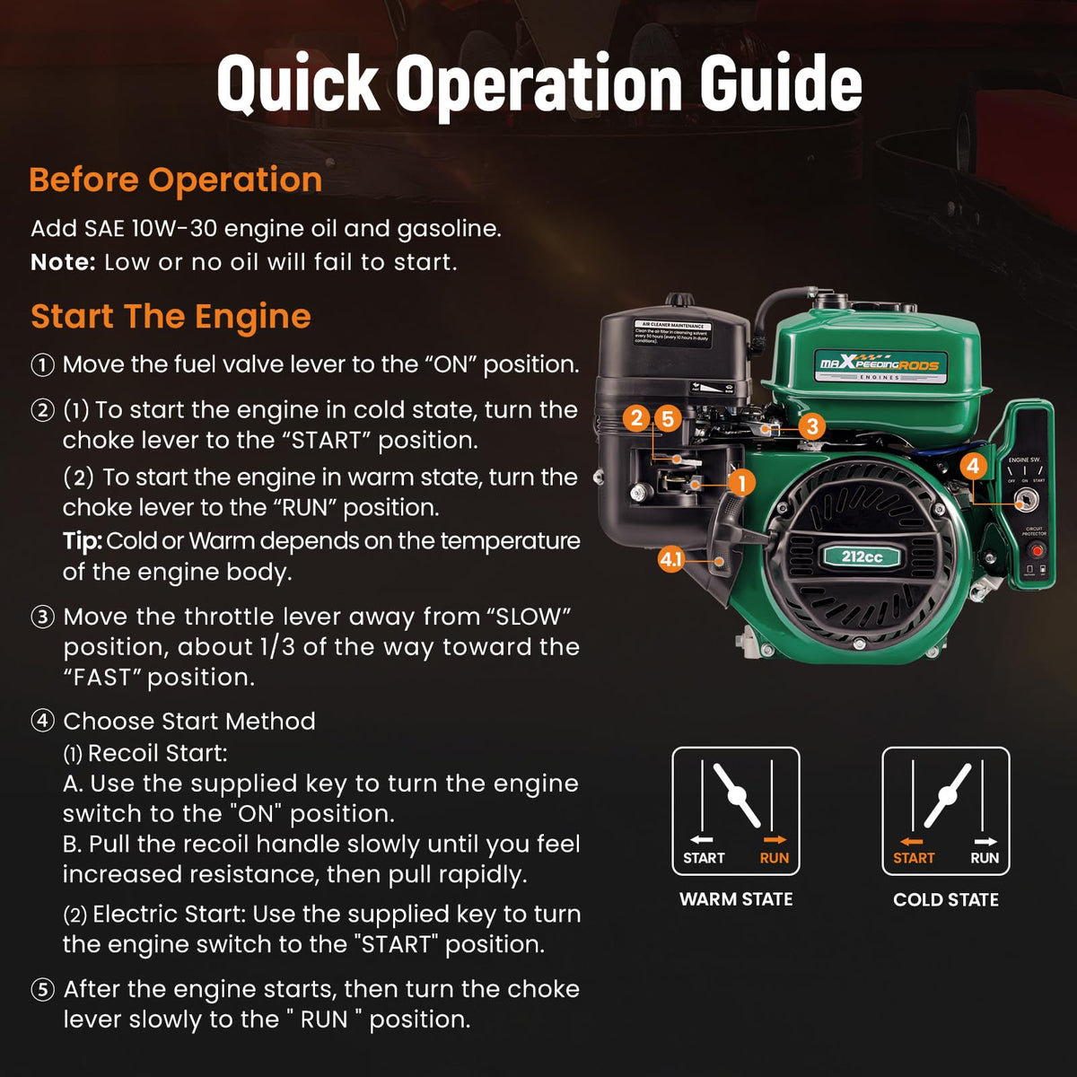 maXpeedingrods dual starting options: electric and recoil for flexibility