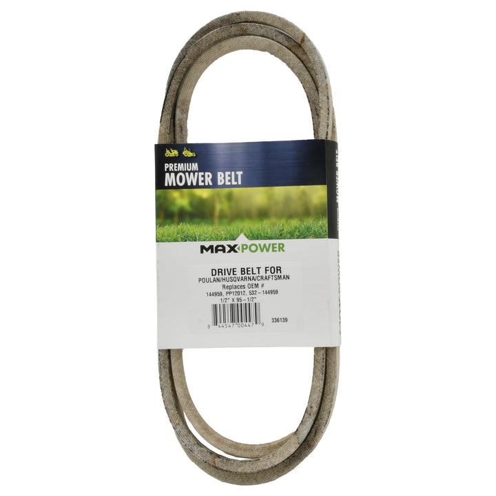 MaxPower 336139 secondary belt side view for precise fit on 46- and 50-inch decks.