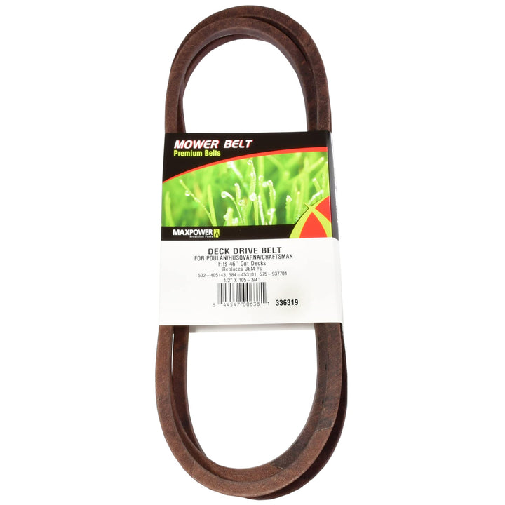 MaxPower 336319 belt image shows a durable replacement for 46-inch mower decks