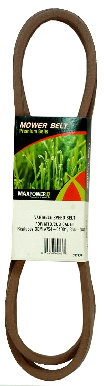 Maxpower 336358 belt closeup shows raw-edge laminated construction for durable performance.