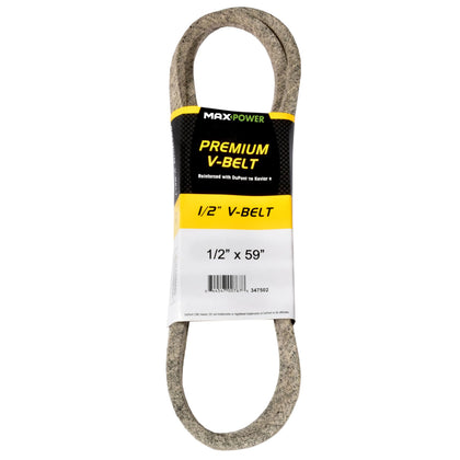 MaxPower 347502 belt closeup shows Kevlar reinforcement for heavy-duty durability.