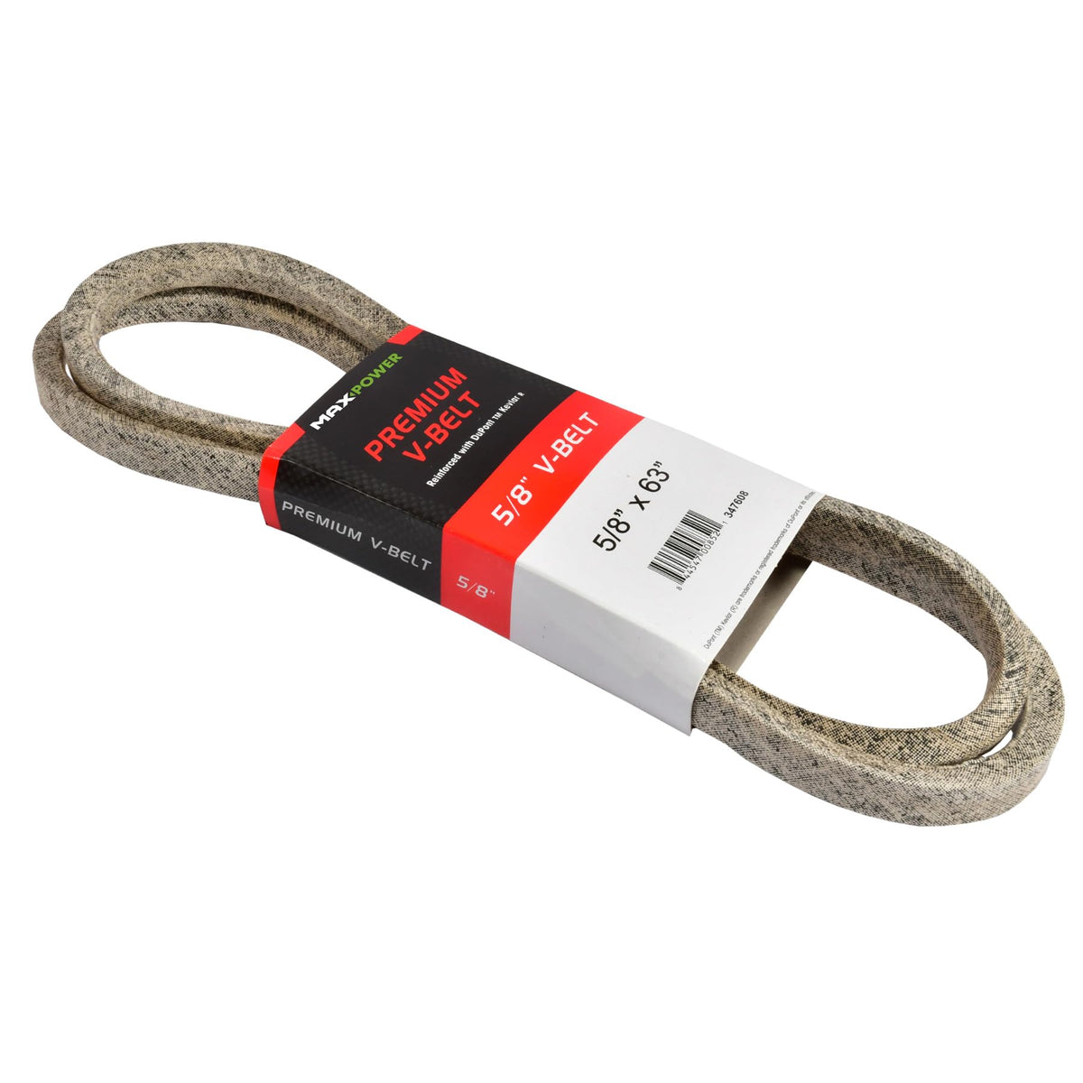 MaxPower 347608 kevlar fiber cords shown in belt detail for durability