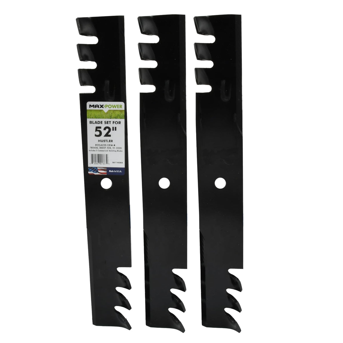 MaxPower 561145XB blade set for 52-inch Hustler mowers; three blades for premium mulching.