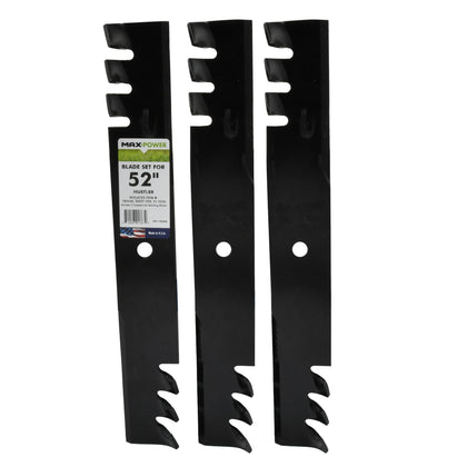 MaxPower 561145XB blade set for 52-inch Hustler mowers; three blades for premium mulching.