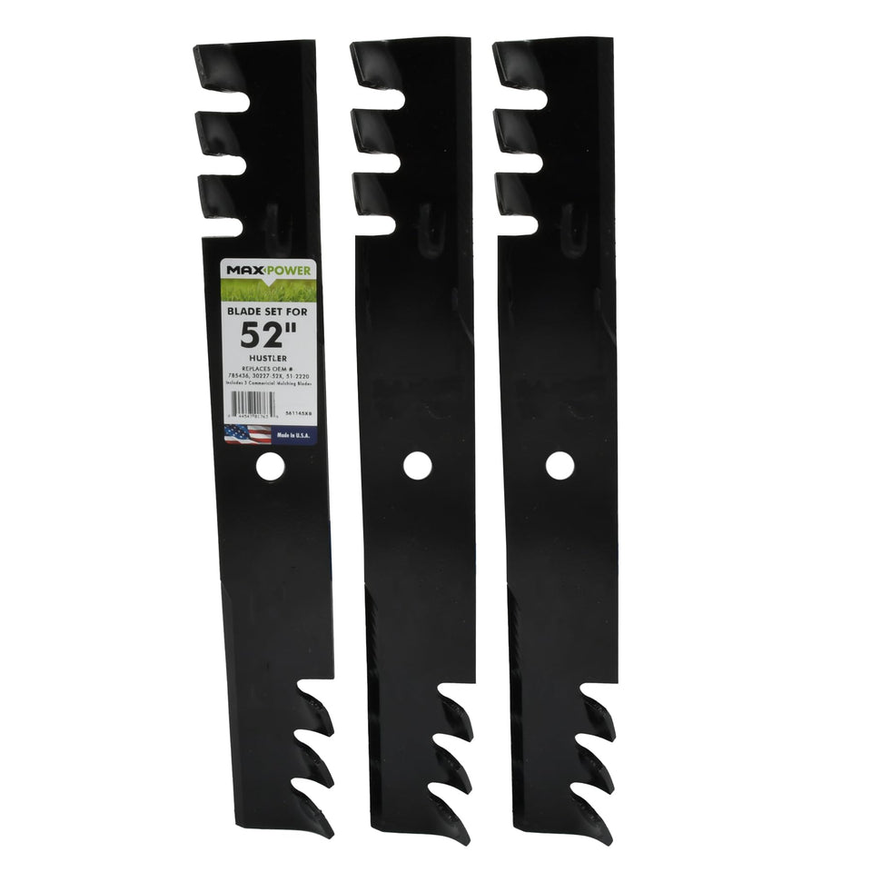 MaxPower 561145XB blade set for 52-inch Hustler mowers; three blades for premium mulching.