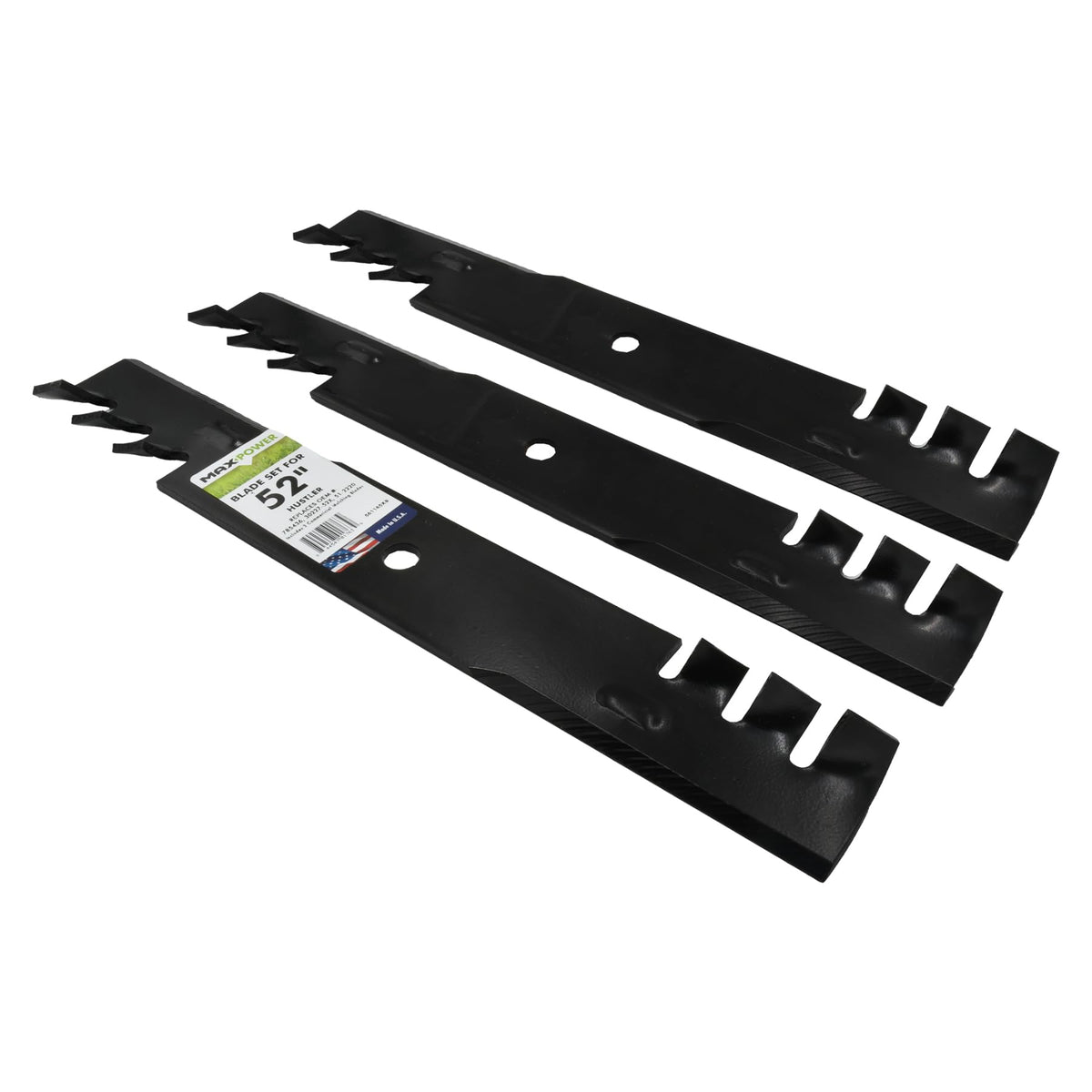 Three blades set ready for installation on Hustler 52-inch deck.