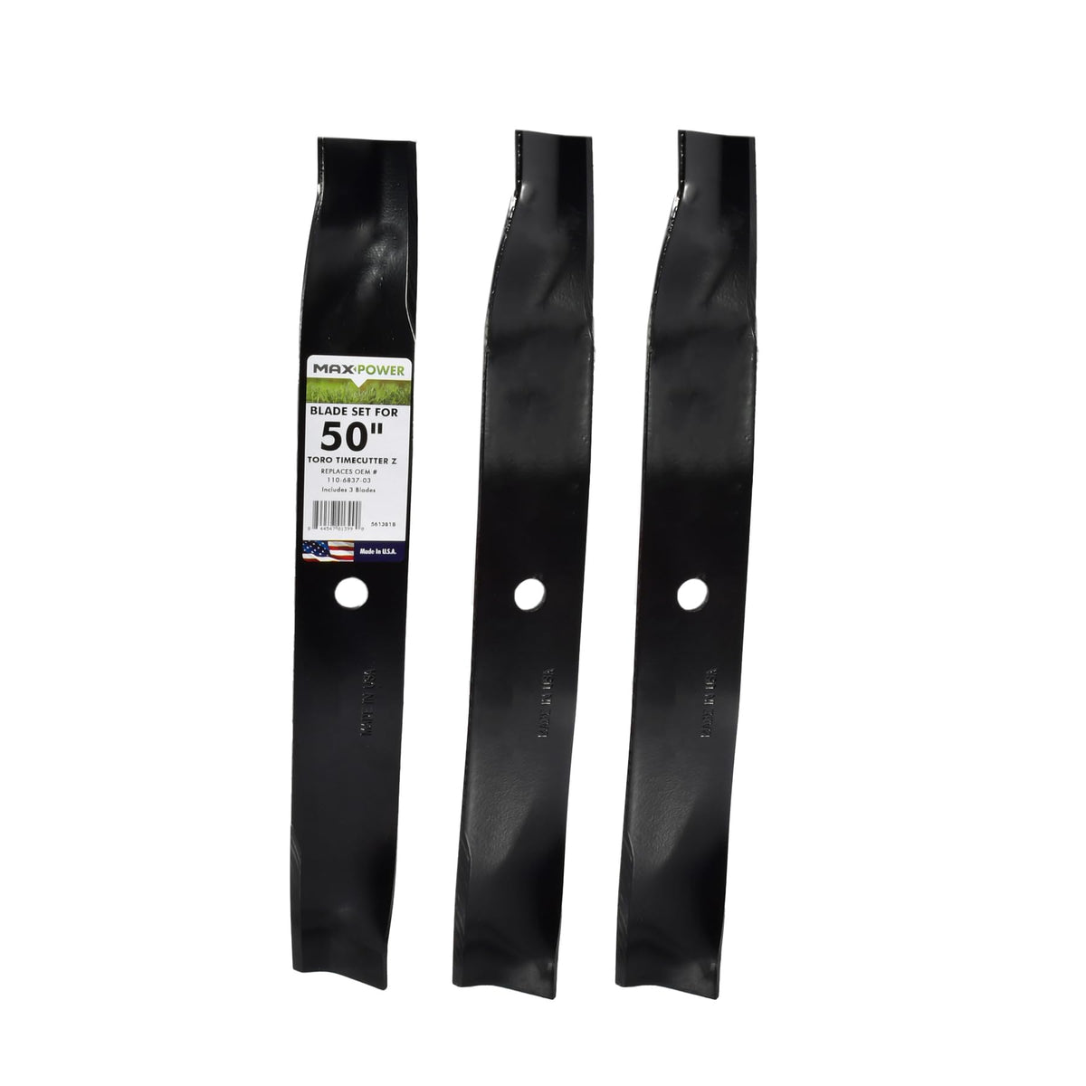 MaxPower 561381B three-blade set for 50-inch Toro mower boosts cut quality.