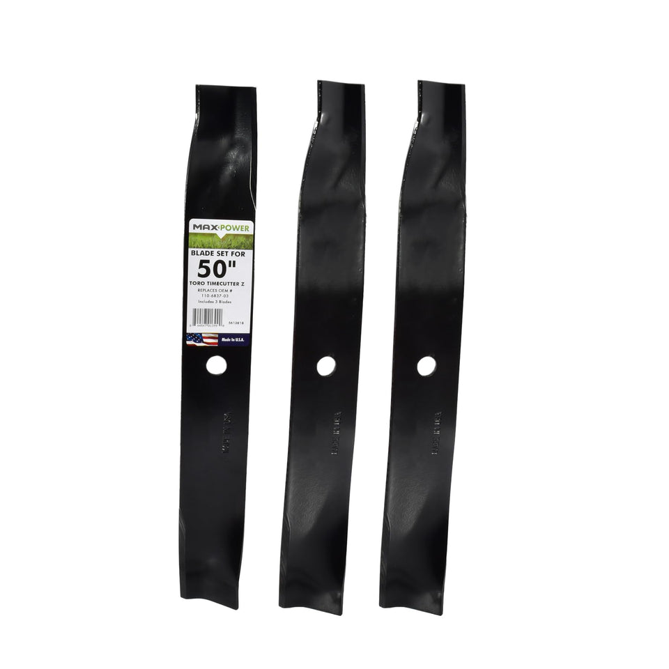 MaxPower 561381B three-blade set for 50-inch Toro mower boosts cut quality.