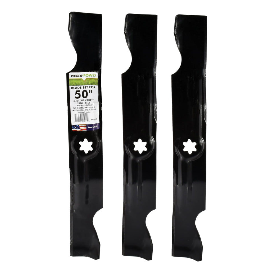 MaxPower 561545B three-blades pack for 50-inch mowers, ready for replacement.