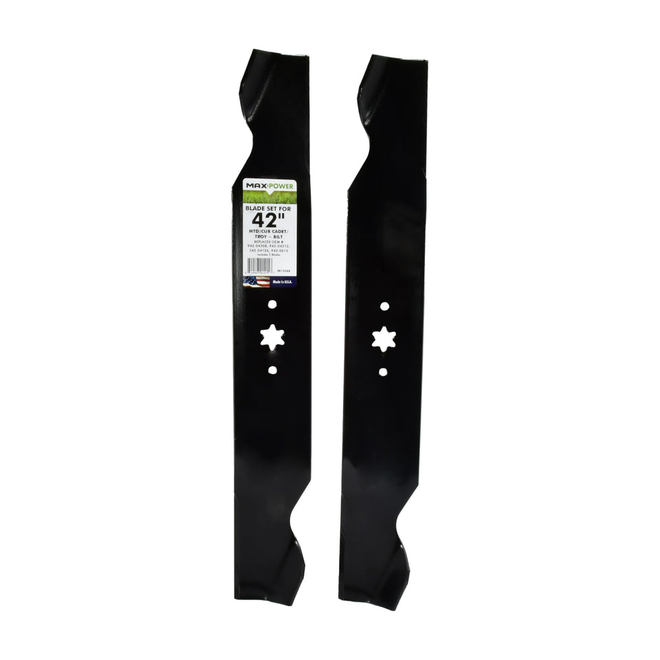 MaxPower 561548B two-blade set for 42-inch deck enhances cutting performance and durability.