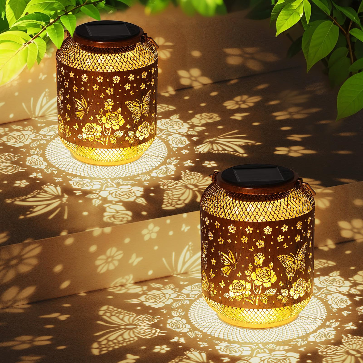 MAXTHOT butterfly solar garden statue night glow enhances outdoor ambience.