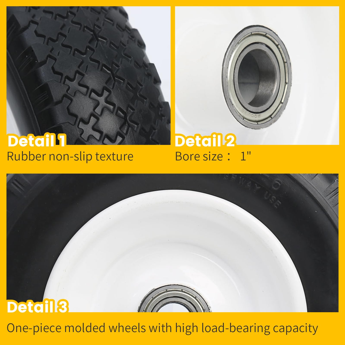MAXXHAUL solid polyurethane tire detail promotes puncture-free operation and durable performance.