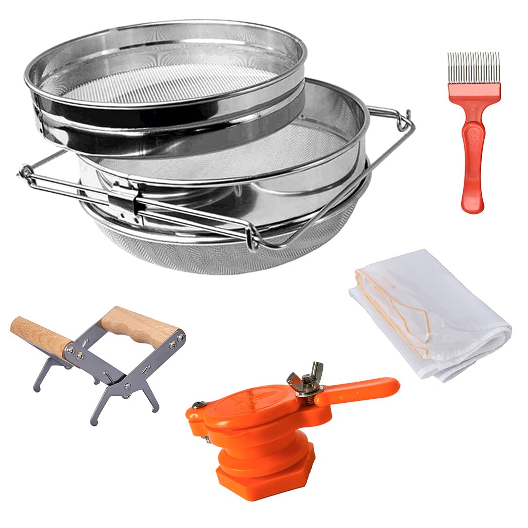 MayBee double sieve honey strainer in use for clean, smooth honey collection.