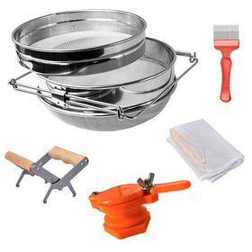 MayBee double sieve honey strainer in use for clean, smooth honey collection.