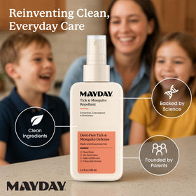 MAYDAY Tick & Mosquito Repellent bottle closeup emphasizes safe, plant-based protection.
