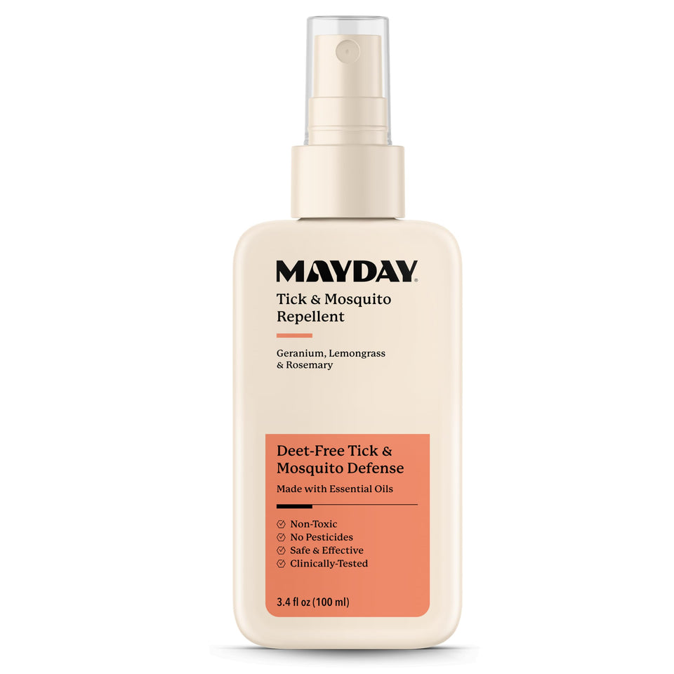 MAYDAY Tick & Mosquito Repellent bottle front for outdoor protection.