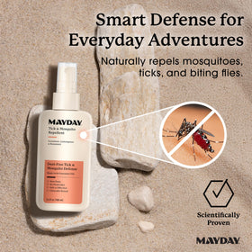 MAYDAY Tick & Mosquito Repellent bottle pour shows easy application outdoors.