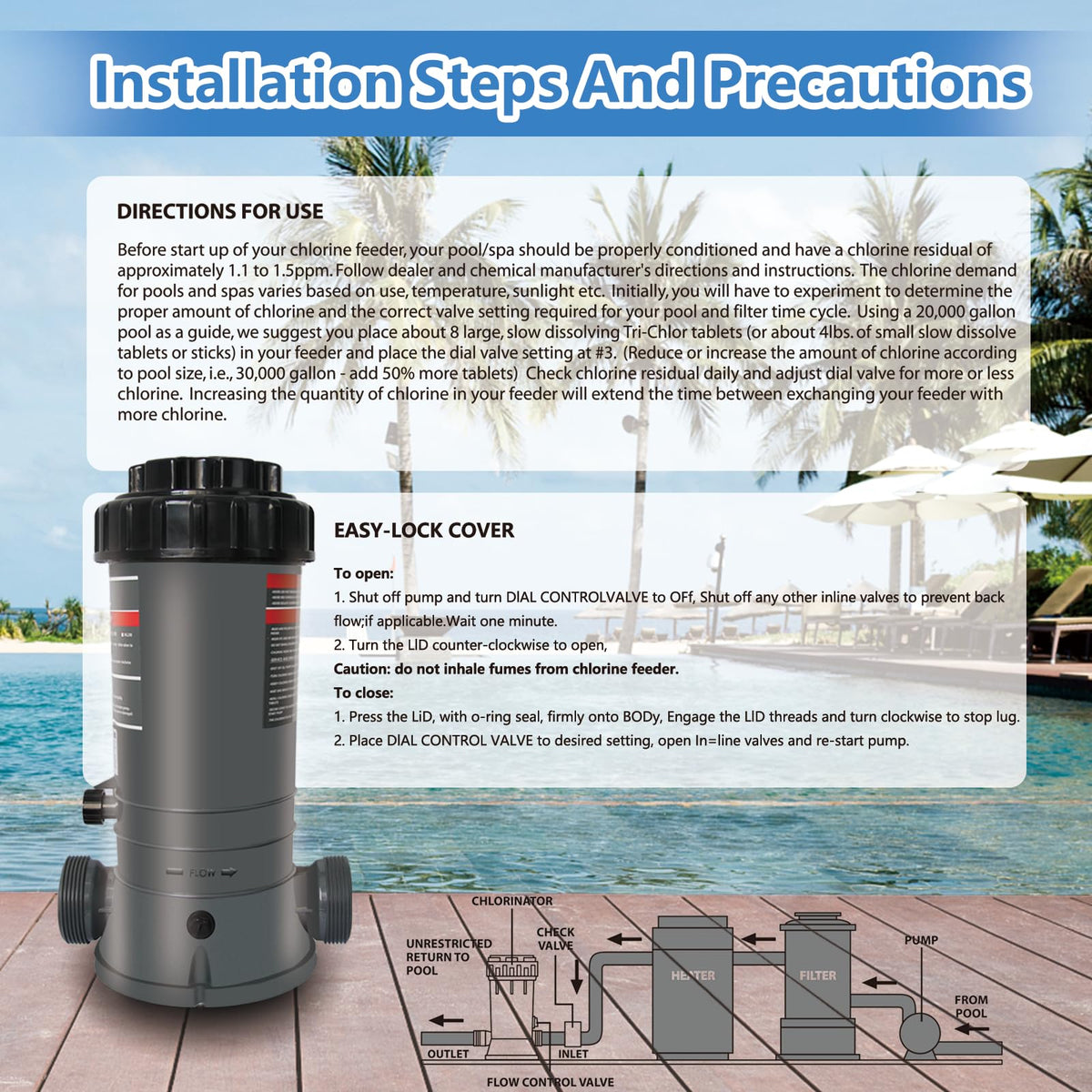 MAYGO CL200 pool setup shows compatibility with various pool configurations
