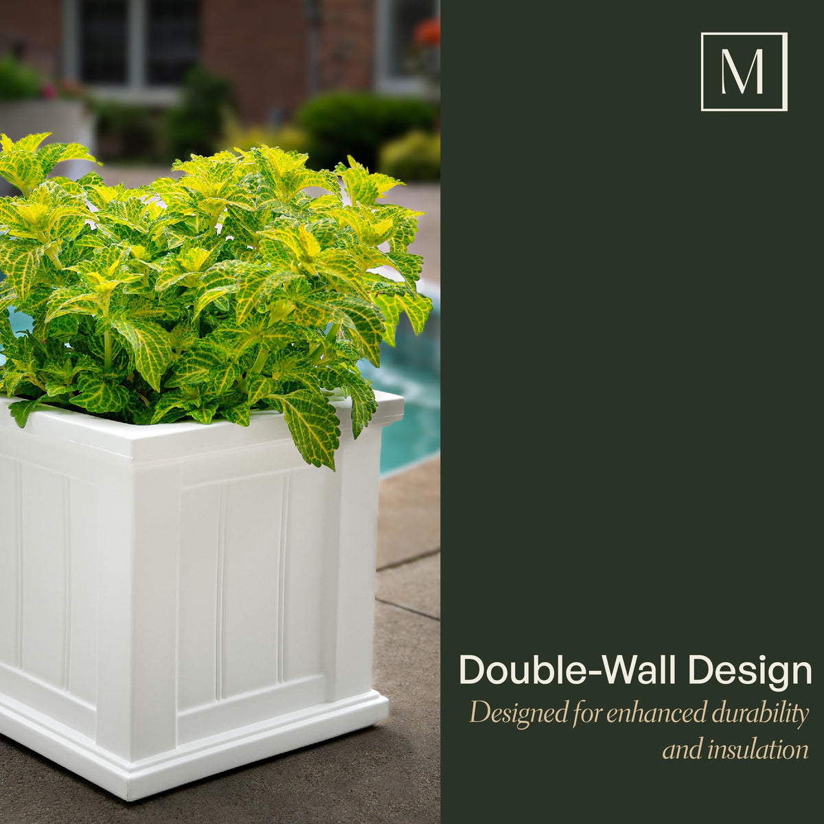 Mayne Cape Cod 14-inch square planter side view highlights sturdy design for year-round use
