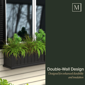 Mayne Cape Cod white window box demonstrates self-watering action for thriving plants