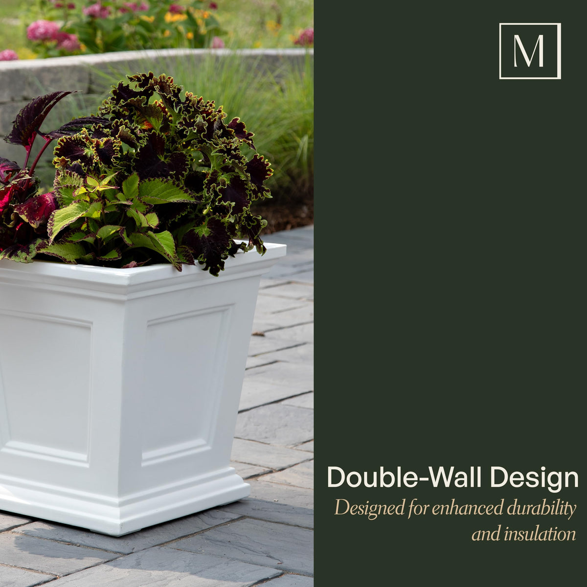 Mayne Fairfield planter highlights UV fade resistance on sunny patios