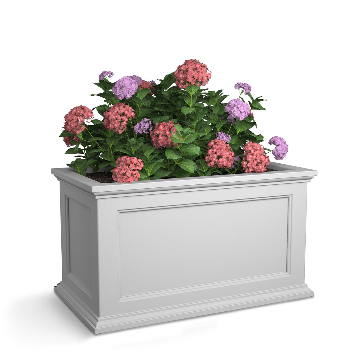 Mayne Fairfield 20x36 planter white, front view, showcasing clean wood-like style and durability