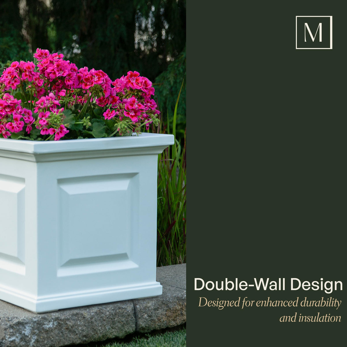 Mayne Nantucket 20-inch square planter shows fade-resistant, weather-ready finish for outdoor color.