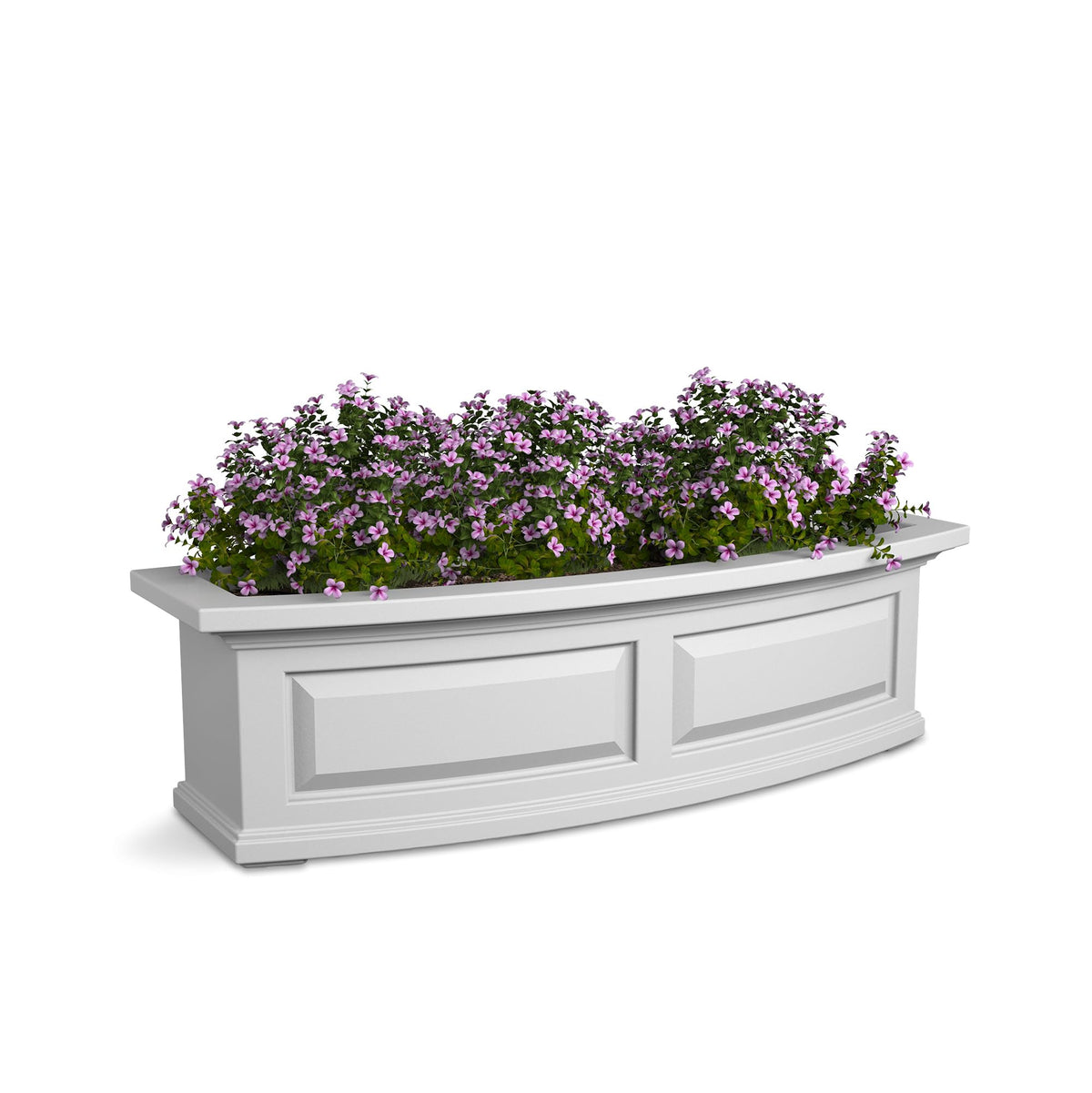 Mayne Nantucket window box front view with paneled design and vibrant blooms.